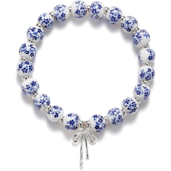 Beaded Charm Blue Pearl Bracelet Women Vintage Flower Handmade Romantic Jewelry - Picture 1 of 5